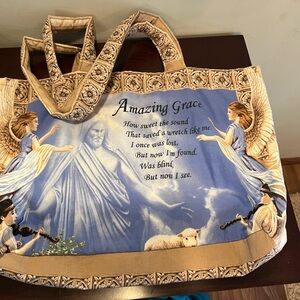 Blue and Tan Tote Bag with Angelic Design